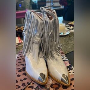 RIVER ISLAND white fringe cowboy booties with silver toe tip WORN ONCE